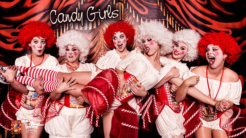 The lovley Burlesque Circus Candy girls as well as the Merchandise and Charity girls are drressed up by Wild Poppies