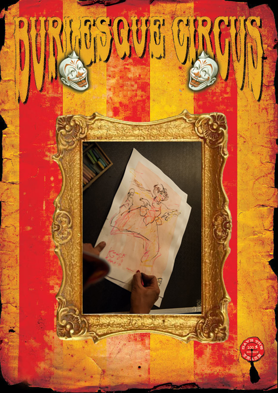 At the International Burlesque Circus in Utrecht: live drawings by Koes Komo: Born on Java, (1980) Koes “Komo” Hatmoko studied Graphic Art and started his career as a multiple award winning mural artist. Komo works as a freelance designer, children’s book illustrator, cartoonist and caricaturist. Komo is always looking for different takes on reality and an original view on current events, never losing touch with his sense of humor and inner child. Colourful paintings and playful drawings are Komo’s trademark, and they are appreciated by the young and the old(ish) alike