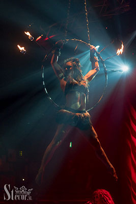 fire aerial hoop performance by Marlene Kiepke at the Los Muertos Halloween edition of the International Burlesque Circus