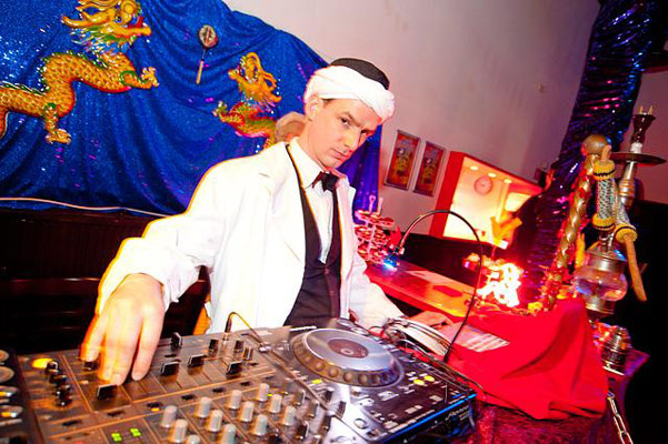 DJ Dr Hirschfeld at the fortune teller at the Oriental edition of the International Burlesque Circus